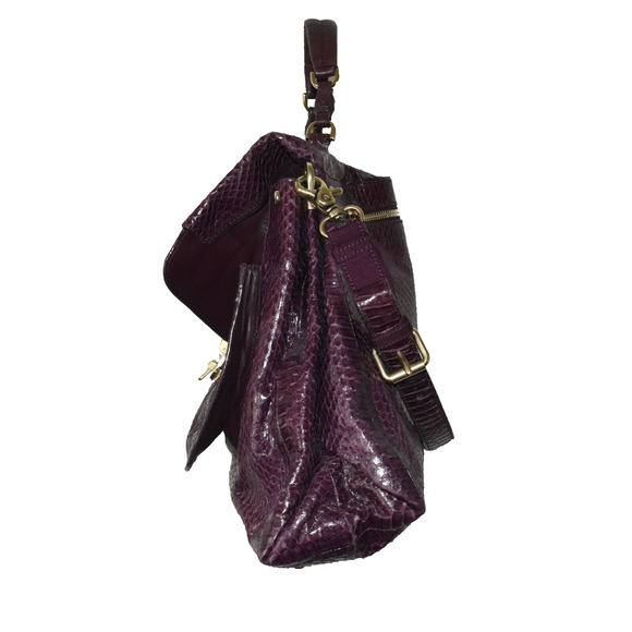 Auth NINA RICCI Drk Raspberry Python Texture Leather Fold Over Liane Satchel Bag - Picture 4 of 12